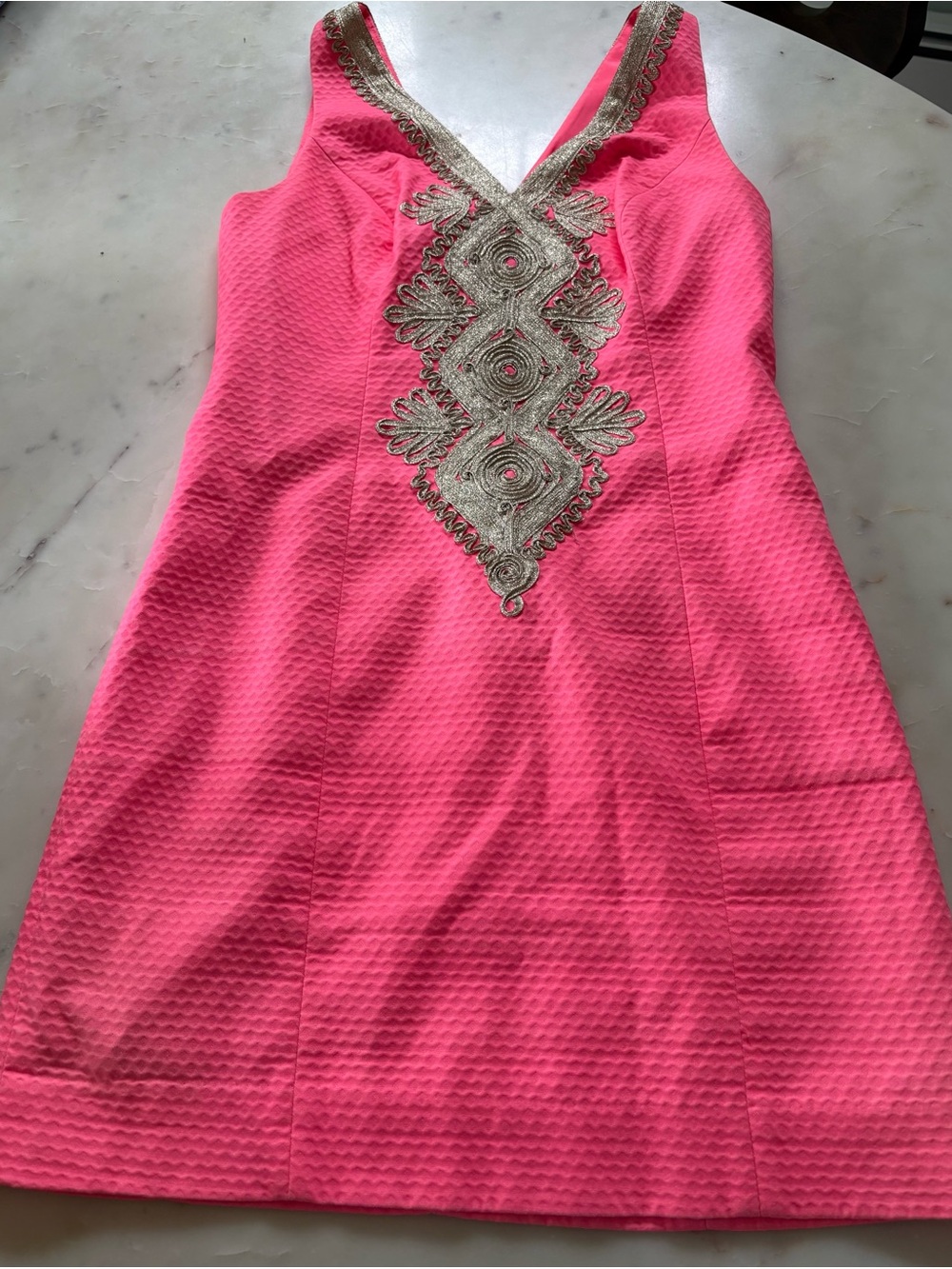 Lilly Pulitzer Junior Hot Pink Sleeveless V-Neck Dress with Gold Embroidery